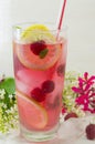Raspberry ice tea with lemon raspberry and ice cubes on a table Royalty Free Stock Photo
