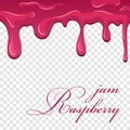 Raspberry jam cartoon. Flowing melting fruit sauce isolated transparent background. Realistic jelly berry confiture