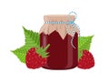Raspberry jam or confiture jar in rustic style, homemade fruit berry preserve, vector illustration on white background