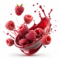 Raspberry jam in the form of a splash flying in the air and raspberries on a white background Royalty Free Stock Photo