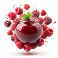 Raspberry jam in the form of a splash flying in the air and raspberries on a white background Royalty Free Stock Photo