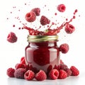 Raspberry jam in the form of a splash flying in the air and raspberries on a white background Royalty Free Stock Photo