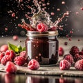 Raspberry jam in the form of a splash flying in the air and raspberries on a white background Royalty Free Stock Photo