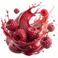 Raspberry jam in the form of a splash flying in the air and raspberries on a white background Royalty Free Stock Photo