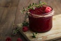 Raspberry jam with fresh raspberries and thyme. Raspberry fresh Royalty Free Stock Photo