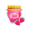 Raspberry jam, glass jar of berry confiture vector Illustration on a white background