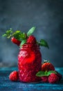 Raspberry jam in glass jar with mint leaves and fresh berries on dark blue background Royalty Free Stock Photo