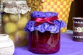 Raspberry jam-jar, ribbon, canned fruits, clay cup, eco kitchen