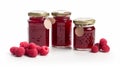 Raspberry jam and juicy raspberries fruit Jars on white background with Generative AI