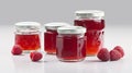 Raspberry jam and juicy raspberries fruit Jars on white background with Generative AI