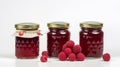 Raspberry jam and juicy raspberries fruit Jars on white background with Generative AI