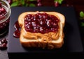 Raspberry jam and peanut butter on toasted bread on dark background.Macro.AI Generative