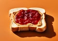 Raspberry jam and peanut butter on toasted bread on orange background.Macro.AI Generative