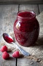 Raspberry jam sweet jelly preserve in mason jar Royalty Free Stock Photo