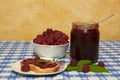 raspberry jam on the table,raspberry jam with bread for breakfast, jam dessert concept Royalty Free Stock Photo
