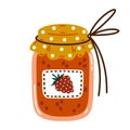 Raspberry jam vector icon. Sweet berry jelly in a glass jar with lid, label, tied with a rope. Delicious dessert