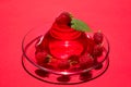 Raspberry jelly garnished with fresh raspberries on a red background. Royalty Free Stock Photo