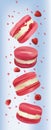Raspberry macaroon in motion isolated on blue background. Sweet french macaroons close up. Falling macaroons. 3d vector