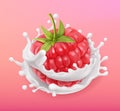 Raspberry and milk splash. Fruit and yogurt. 3d vector icon