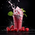 Raspberry Milkshake, frozen in time as liquid splashes joyfully. Royalty Free Stock Photo