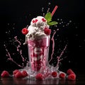 Raspberry Milkshake, frozen in time as liquid splashes joyfully. Royalty Free Stock Photo