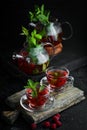 Raspberry and mint tea. Hot winter drinks. Royalty Free Stock Photo