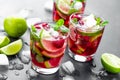 Raspberry mojito cocktail with lime, mint and ice, cold, iced refreshing drink Royalty Free Stock Photo