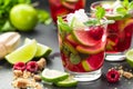 Raspberry mojito cocktail with lime, mint and ice, cold refreshing drink Royalty Free Stock Photo