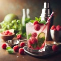 A raspberry mojito cocktail with a straw and mint leaves on a wooden table, raspberries and a shaker in the background.