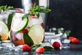 Raspberry Mojito Lemonade with lime and fresh mint in glass on gray background. Summer refreshing cocktail Royalty Free Stock Photo