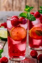 Raspberry Mojito Lemonade with lime and fresh mint in glass on wooden background Royalty Free Stock Photo