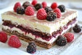 Raspberry mousse cake with a glossy finish and fresh raspberries