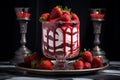 raspberry mousse with strawberry slices and chantilly in glass