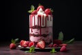raspberry mousse with strawberry slices and chantilly in glass