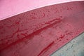 Raspberry red color surface of wet umbrella closeup with water drops Royalty Free Stock Photo