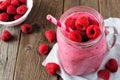 Raspberry Smoothie In A Mason Jar, Close Up, Downward View