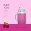 Raspberry smoothie mason jar with recipes and ingredients.