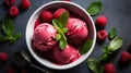 Raspberry sorbet in a white bowl, with fresh raspberries and a mint leaf as garnish. Generative AI
