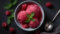 Raspberry sorbet in a white bowl, with fresh raspberries and a mint leaf as garnish. Generative AI