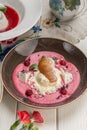 Raspberry soup with ice cream and cookie on brown plate on the table at restaurant Royalty Free Stock Photo