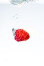 Raspberry splashing into crystal clear water with air bubbles sinking Royalty Free Stock Photo