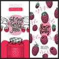 Raspberry and strawberry banners. Set of cute creative card templates with strawberry and raspberry. Hand Drawn vector