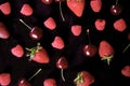 Raspberry, strawberry, cherry fruit pattern on black background Royalty Free Stock Photo