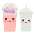 Raspberry Strawberry Take-out smoothie transparent plastic cup with straw and whipped cream. Kawaii cute face with eyes and smile