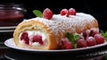 Raspberry swiss roll dessert. Cream roll close-up. Generative AI. Royalty Free Stock Photo