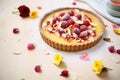 raspberry tart with almond flakes around the edges on a tray