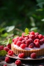 Raspberry tart with cream, powdered sugar, mint leave on green forest background