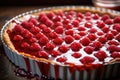 a raspberry tart with a shiny glaze in a baking dish