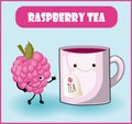 Raspberry tea. Cup character, a funny berry with a face, eyes and a smile. Healthy food. Vitamins and minerals autumn