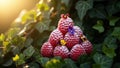 Raspberry Tower with Tiny Flowers on a Bed of Ivy Leaves in Morning Sunlight Royalty Free Stock Photo